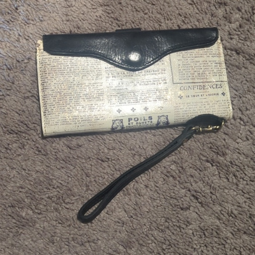 Patricia Nash Black and Cream Newspaper Print Wristlet Wallet